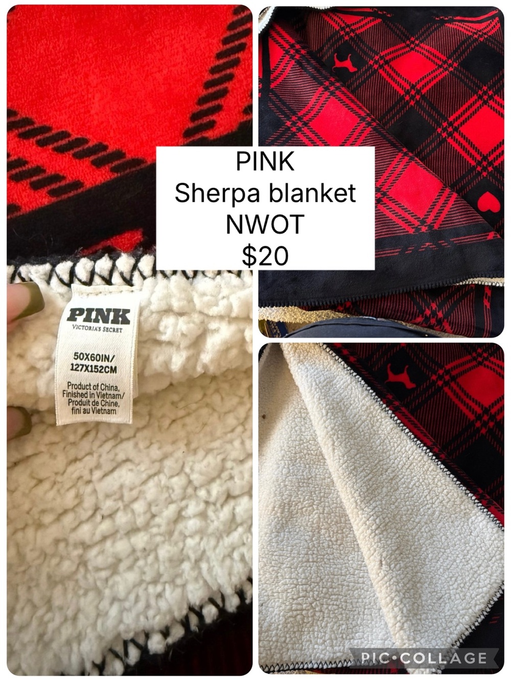 PINK Victoria's Secret Red and Black Plaid Sherpa Blanket